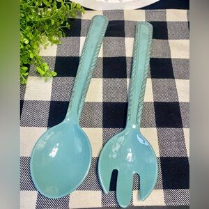 Beautiful pair of teal melamine salad servers with gold rope-textured